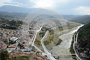 Panorama of the historic and most visited city of Berat from the top of the hill