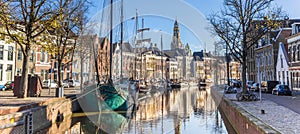 Panorama of historic ships and warehouses in the center of Groningen