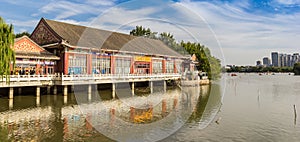 Panorama of the historic theater at the lake in Shuishang water Park, Tianjin