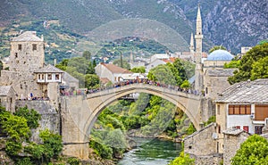 Panorama of Historical Stari Most bridge over Neretva river in Mostar Old town, Balkan mountains, Bosnia and Herzegovina