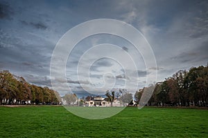 Panorama of the Hofgarten park in Bonn, Germany, with a focus on the akademische kunstmuseum bonn, or Academic Art Museum