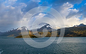 Panorama of Holanda glacier by Beagle channel with rainbow photo