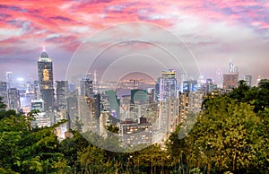 Panorama of Hong Kong City skyline. Night view from The peak Hongkong