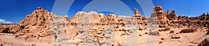 Panorama of Hoodoo Rock pinnacles in Goblin Valley State Park Utah USA photo