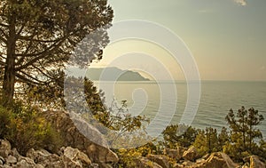 Panorama, horizontal view of bay, Crimean mountains with rocky c