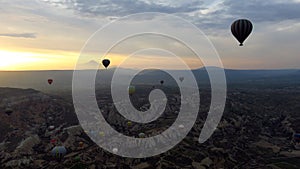 Panorama of Hot Air Balloons Flying Over Cappadocia at Dawn