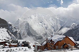 Panorama of the Hotels and Hils, Les Deux Alpes, France, French