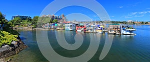 Panorama of House Boats at Fisherman`s Wharf, Inner Harbour, Victoria, Vancouver Island, British Columbia, Canada