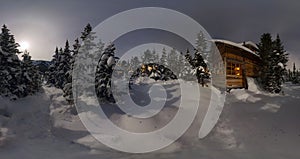Panorama house Chalet during a snowfall in the trees winter fore