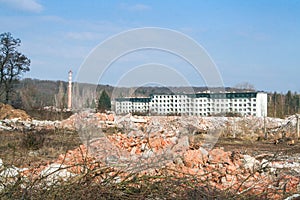 Panorama of the housing communist buildings of Milovice Bozi Dar, Czechia, being destroyed, Milovice Bozi Dar was an abandoned