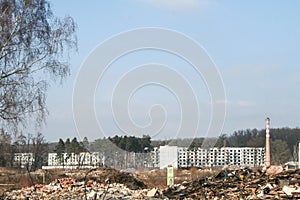 Panorama of the housing communist buildings of Milovice Bozi Dar, Czechia, being destroyed, Milovice Bozi Dar was a soviet base