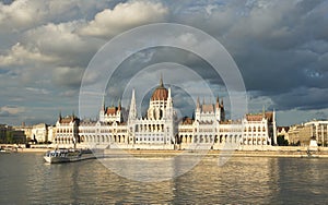 Panorama of the Hungarian Parliament building on the bank of the Danube in Budapest, Hungary