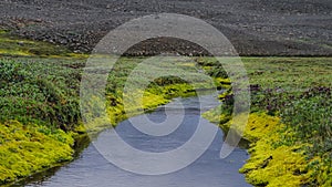 Panorama Huseyjarkvisl river valley near Middle of Nowhere in Iceland