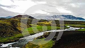 Panorama of Huseyjarkvisl source river valley at sunset ,Iceland