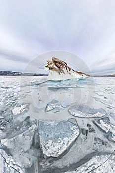 Panorama ice icicles on Ogoy island winter Lake Baikal. Siberia, Russia