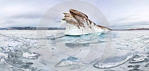 Panorama ice icicles on Ogoy island winter Lake Baikal. Siberia, Russia