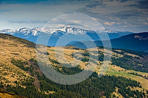 Panorama of idyllic landscape in the spring mountains at sunshine.