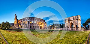 Panorama of Illuminated Colosseum and Constantine Arch at Dusk, Rome