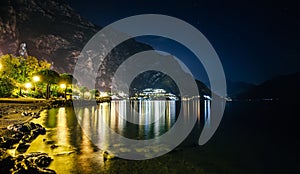 Panorama of illuminated town Limone sul Garda, Italy