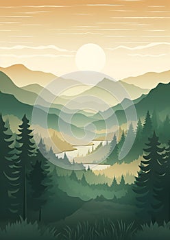 Panorama illustration landscape background forest morning mountains tree fog nature sky