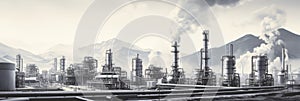 A panorama illustration of an oil refinery