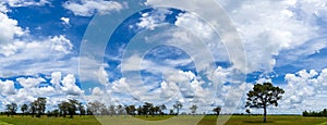 Panorama image, Blue sky, nature sky background daytime sky with clouds in the rainy season over the field