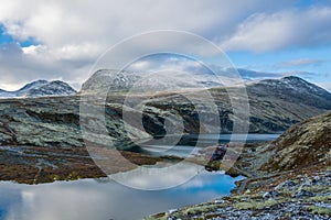 Panorama image of Rondvassbu tourist center in the middle of Rondane national park in Sel, Norway. Rondvatnet lake and ula river photo