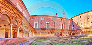 Panorama of the inner garden of small cloister of Certosa di Pavia monastery, Italy