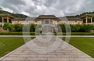 Panorama on inside square of Tongiljeon Complex, with beautiful nature. Heritage of former Capital Gyeongju, South Korea. Asia