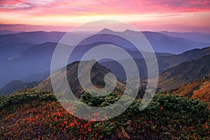 Panorama with interesting sunrise enlightens surroundings. Landscape with beautiful mountains and stones. Fantastic autumn scenery