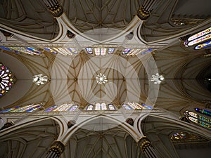 Panorama interior ceiling architecture view of gothic catholic church Basilica of our lady of Las Lajas Ipiales Colombia