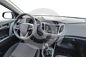 Panorama in interior leather salon of prestige modern car. steering wheel, shift lever and dashboard