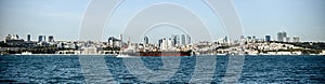 Panorama Istanbul Turkey modern area ships on the sea. Banner