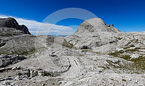 Panorama of the Italian Alps with the alpine refuge called RIFUGIO ROSETTA