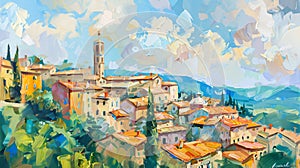 Panorama of Italian summer cityscape. Oil painting