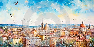 Panorama of Italian summer cityscape. Oil painting of old city center. Toskana landscape photo