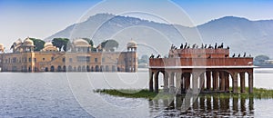Panorama of the Jal Mahal water palace in the lake near Jaipur