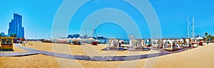 Panorama of JBR Marina beachline with Ain Dubai Ferris Wheel, Dubai, UAE