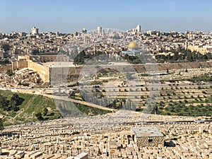 Panorama of Jerusalem with cemetery in Israel at daytime