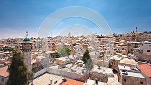 Panorama of Jerusalem Old City and Temple Mount timelapse hyperlapse from Austrian Hospice Roof, Israel