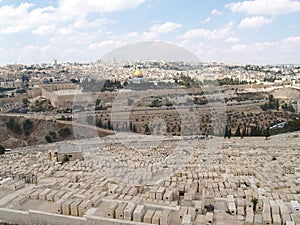Panorama of Jerusalem overlooking an ancient Jewish cemetery on