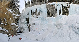 Panorama on Johnston Canyon`s Upper falls with ice climbers , bow river, alberta Canada