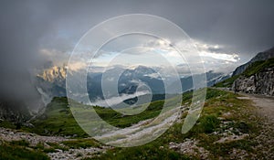 Panorama of Julian Alps in sunset time taken from Mangart road, Julian Alps, Slovenia, Triglav national park, Europe