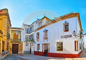 Panorama of Julio Romero de Torres stret with historic mansions, Cordoba, Spain