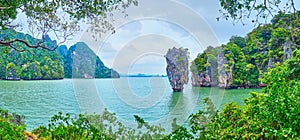Panorama with jungle and Ko Ta Pu rock tower from James Bond Island, Thailand