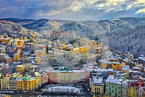 Panorama of Karlovy Vary town at winter, Czech Republic