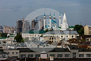 Panorama of Kazan and the concept of contrast between the new and the old city. Mosque against the background of new buildings