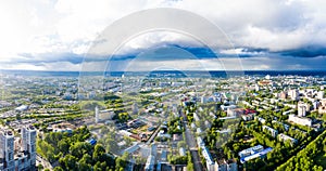 Panorama of the Kirov city and Leninsky district in the central part of the city of Kirov on a summer day from above