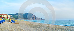 Panorama of Kleopatra beach in Alanya with the rocky peninsula o