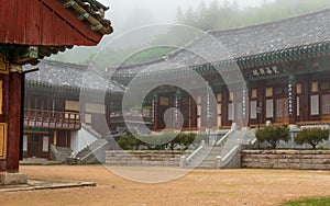 Panorama of Korean Buddhistic Temple Daeseongam, Great Saint Hermitage, near Beomeosa on a foggy day. Located in Geumjeong, Busan